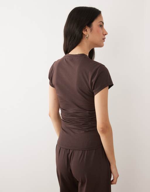ASOS DESIGN – Chokladbrun topp med korta ärmar och rynkad midja, del av set, 3 av 4