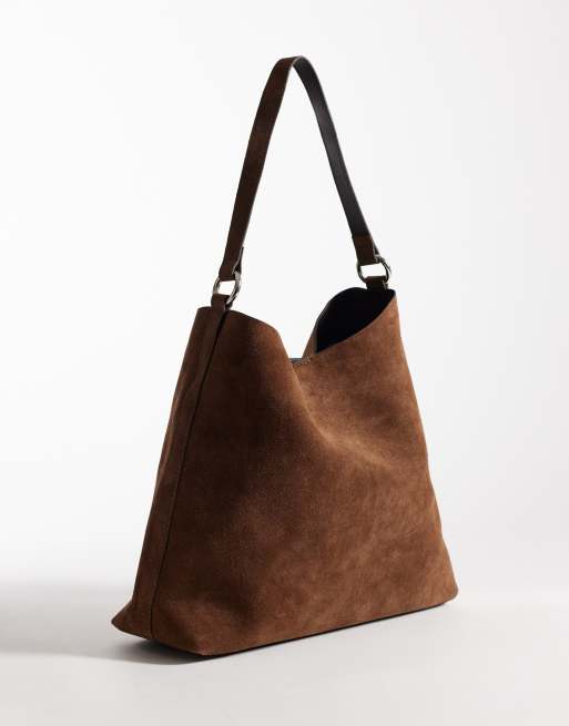 ASOS DESIGN – Chokladbrun toteväska i mocka med metalldetalj, 4 av 4