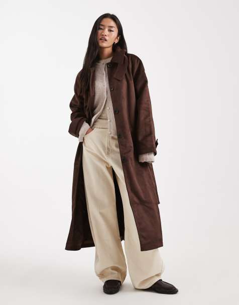 ASOS DESIGN – Chokladbrun trenchcoat i mockaimitation med ståkrage - view 1
