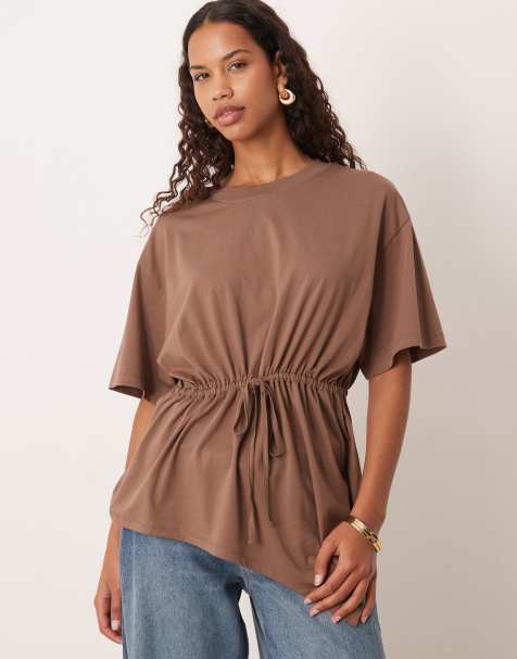 ASOS DESIGN – Chokladbrun tröja med dragskomidja och asymmetrisk fåll - view 1