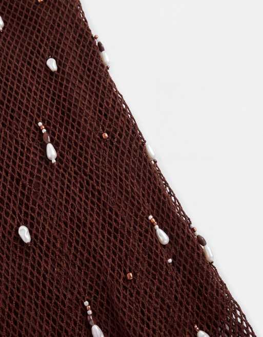 ASOS DESIGN – Chokladbrun, virkad maxiklänning med utsmyckning och hängande pärlor, 8 av 9