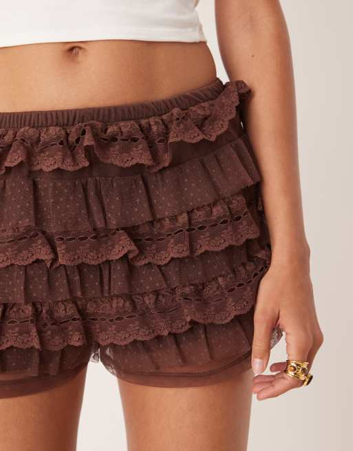 ASOS DESIGN layered ruffle micro shorts in chocolate
