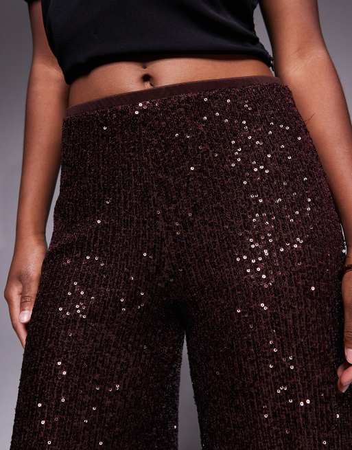 ASOS DESIGN – Chokladbruna, helt paljettklädda byxor med vida ben, 4 av 5