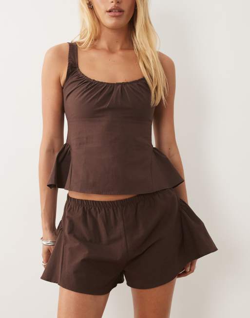 ASOS DESIGN – Chokladbruna, korta shorts i linnemix med klockad design, del av set, 4 av 5