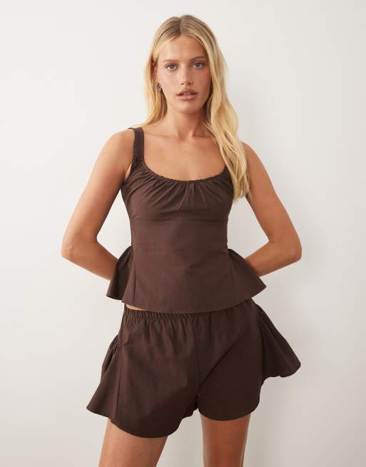 ASOS DESIGN – Chokladbruna, korta shorts i linnemix med klockad design, del av set, 5 av 5