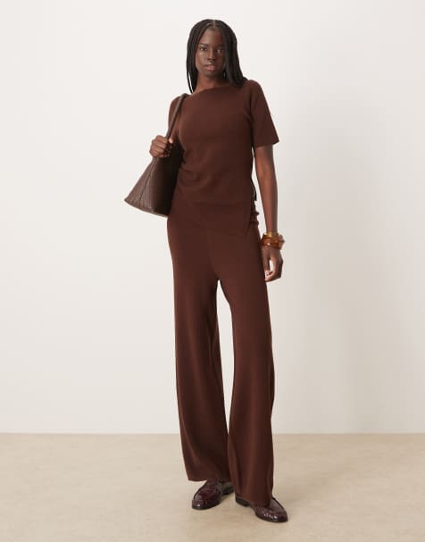 ASOS DESIGN – Chokladbruna, strukturstickade byxor, del av set - view 1