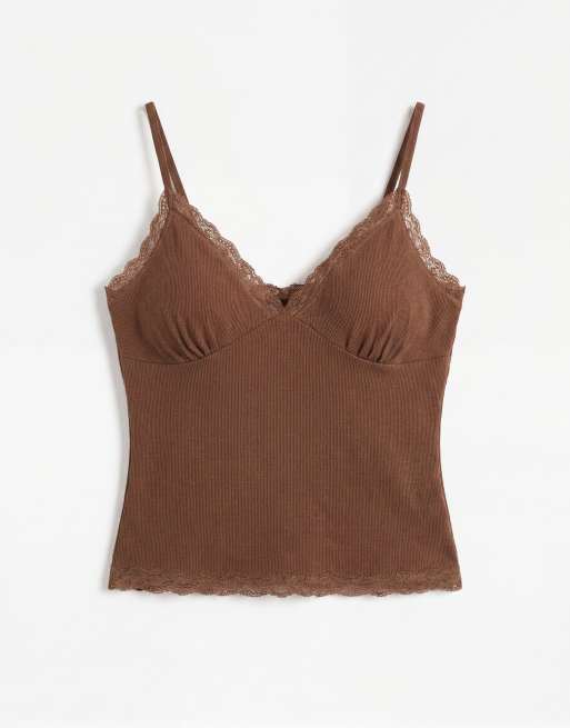 ASOS DESIGN – Chokladbrunt linne med v-ringning och kontrastfärgad spets, 5 av 7