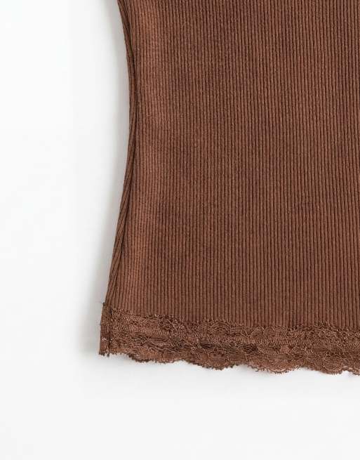 ASOS DESIGN – Chokladbrunt linne med v-ringning och kontrastfärgad spets, 7 av 7