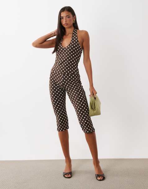 ASOS DESIGN – Chokladbrunt, prickigt set med halterneck-topp och caprileggings - view 1