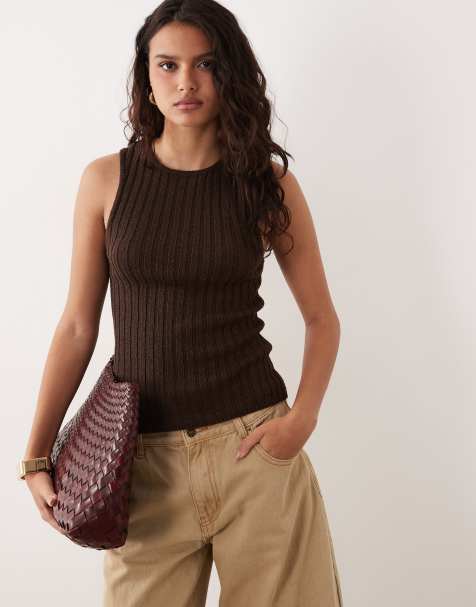 ASOS DESIGN – Chokladbrunt, ribbat linne i bouclé med brottarringning - view 1