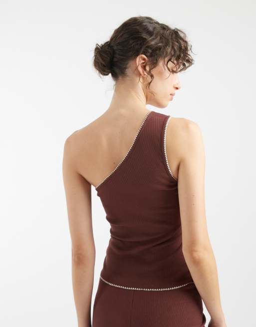 ASOS DESIGN - Chokoaldebrun ribstrikket oneshoulder-top med tæppesyninger, 4 af 4