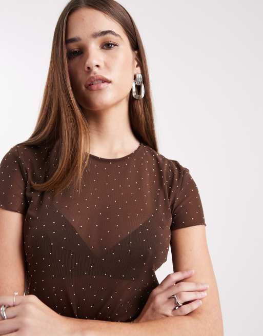 ASOS DESIGN - Chokoladebrun baby-T-shirt med bølgekant og tekstur i mesh, 4 af 4