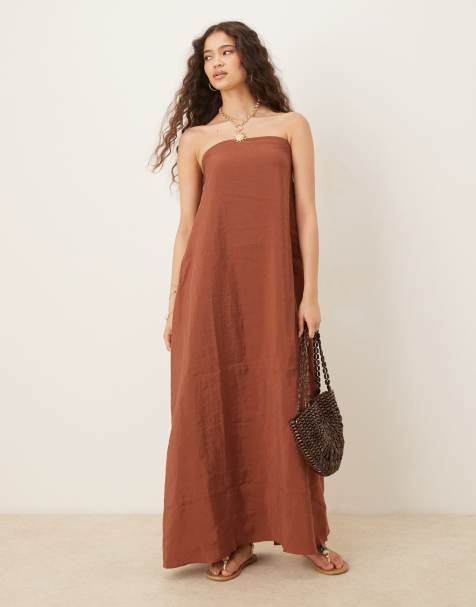 ASOS DESIGN - Chokoladebrun bandeau-maxikjole i cupro - view 1
