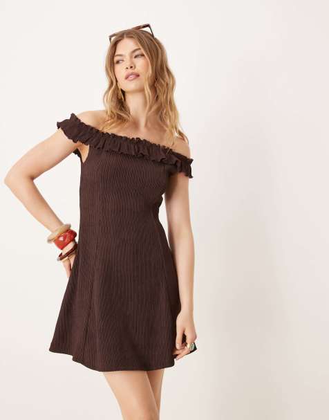 ASOS DESIGN - Chokoladebrun bardot-minikjole med flæser - view 1