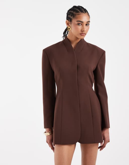 ASOS DESIGN - Chokoladebrun blazerkjole med slå-om-design i halsen, 4 af 4