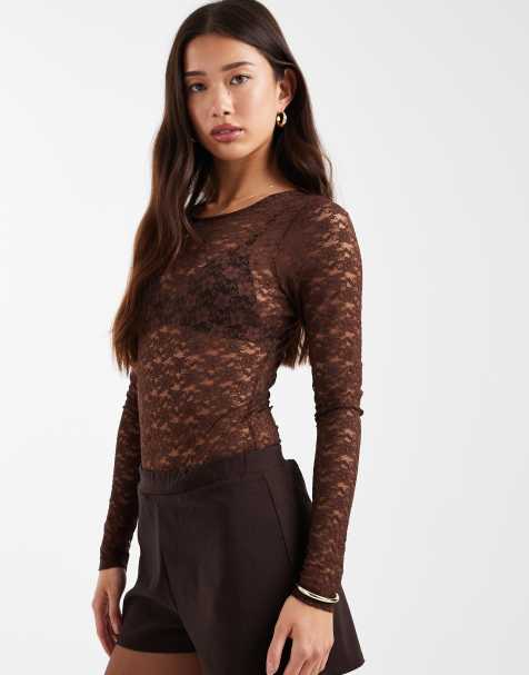 ASOS DESIGN - Chokoladebrun bodystocking med lange ærmer i gennemsigtigt blondestof - view 1