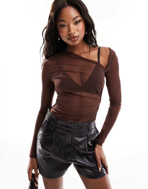 ASOS DESIGN - Chokoladebrun bodystocking med rynkede skuldre og lange ærmer i mesh 