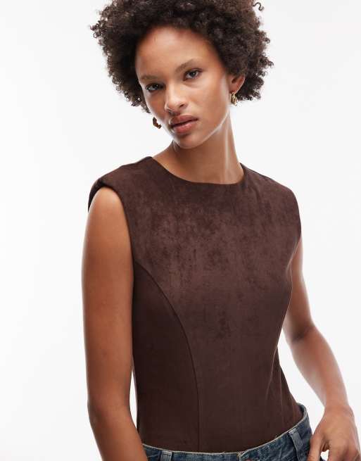 ASOS DESIGN - Chokoladebrun bodystocking med skulderpuder i imiteret ruskind, 3 af 4