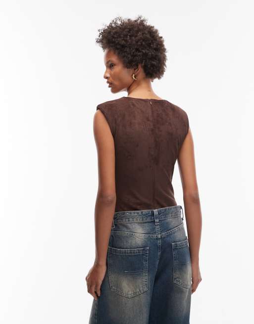 ASOS DESIGN - Chokoladebrun bodystocking med skulderpuder i imiteret ruskind, 4 af 4
