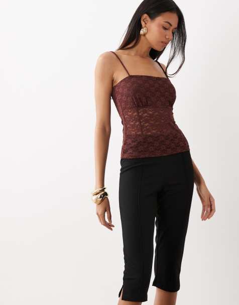 ASOS DESIGN - Chokoladebrun cami-top i blondestof med firkantet hals og stropper - view 1