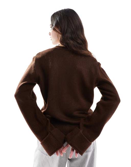 ASOS DESIGN - Chokoladebrun cardigan med opsmøgne ærmekanter i vamset strik, 3 af 4