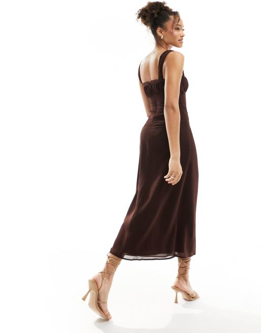 ASOS DESIGN - Chokoladebrun chiffon-midikjole med rynket talje stropper bindehals og blondedetalje, 4 af 4