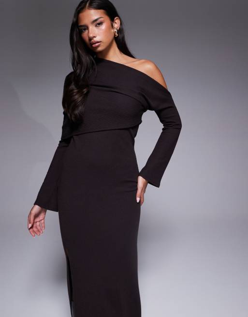 ASOS DESIGN - Chokoladebrun chunky offshoulder-midikjole med foldet kant, 3 af 4