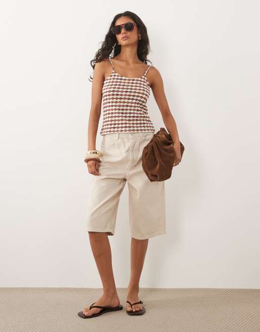 ASOS DESIGN - Chokoladebrun cremefarvet og hæklet cami-top i jersey med gingham-tern - Del af sæt, 2 af 4