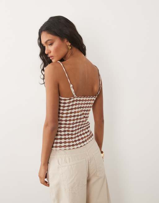 ASOS DESIGN - Chokoladebrun cremefarvet og hæklet cami-top i jersey med gingham-tern - Del af sæt, 4 af 4