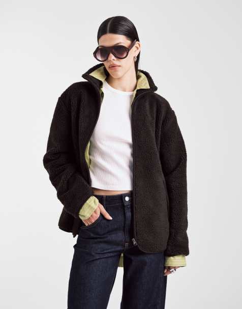 ASOS DESIGN - Chokoladebrun fleece med gennemgående lynlås i imiteret lammeskind - view 1