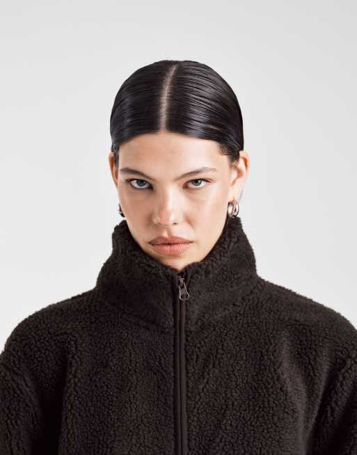 ASOS DESIGN - Chokoladebrun fleece med gennemgående lynlås i imiteret lammeskind, 3 af 4