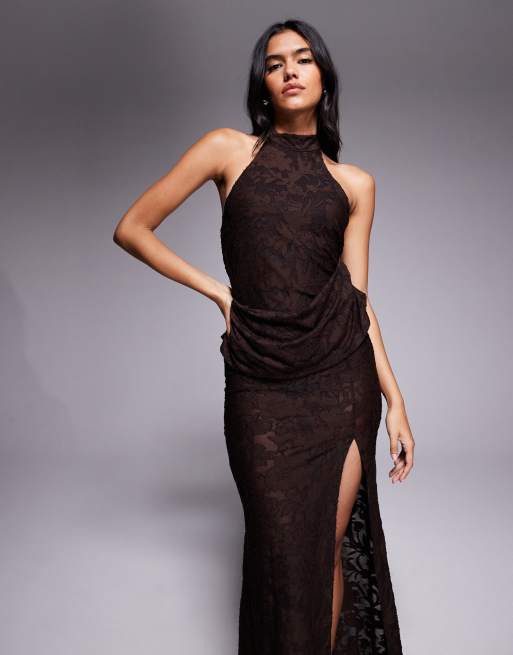 ASOS DESIGN devore lace halterneck maxi dress with ruching in chocolate