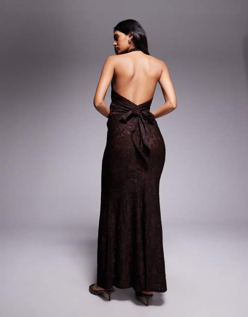 ASOS DESIGN devore lace halterneck maxi dress with ruching in chocolate
