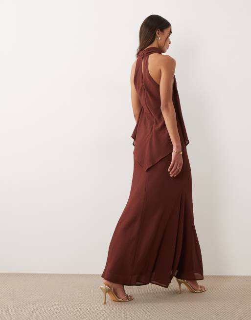 ASOS DESIGN - Chokoladebrun højhalset maxikjole i chiffon med dobbeltlag, 4 af 4