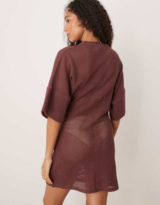 ASOS DESIGN - Chokoladebrun hæklet T-shirt-minikjole med indsyning, 4 af 4