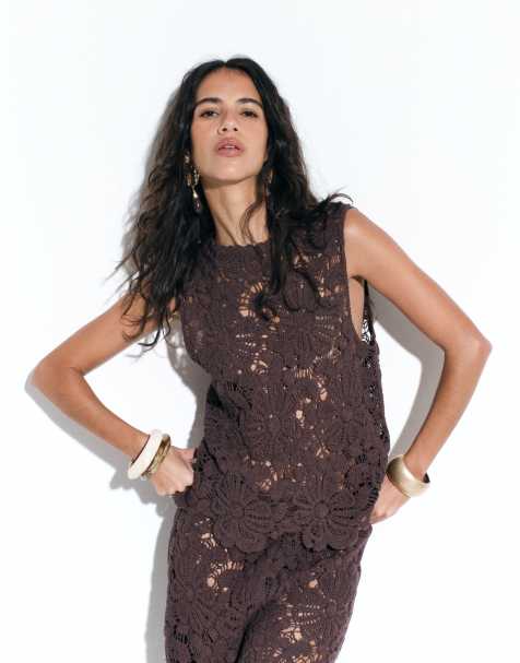 ASOS DESIGN - Chokoladebrun hæklet tanktop i strik - Del af sæt - view 1