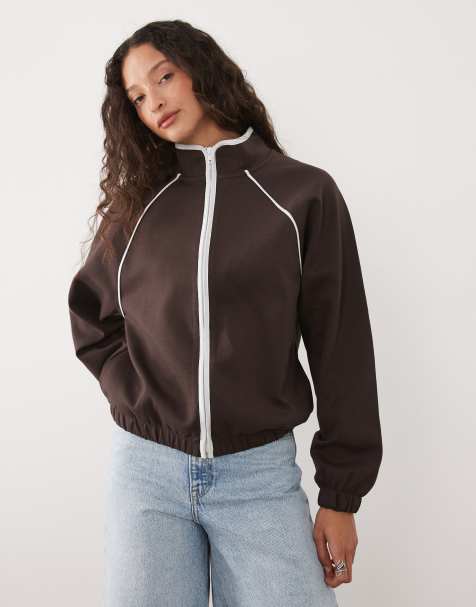 ASOS DESIGN - Chokoladebrun jakke med gennemgående lynlås, interlock-syninger og ståkrave - view 1