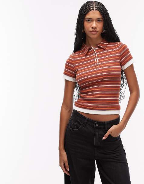 ASOS DESIGN - Chokoladebrun kortærmet polotop med krave og orange striber - view 1