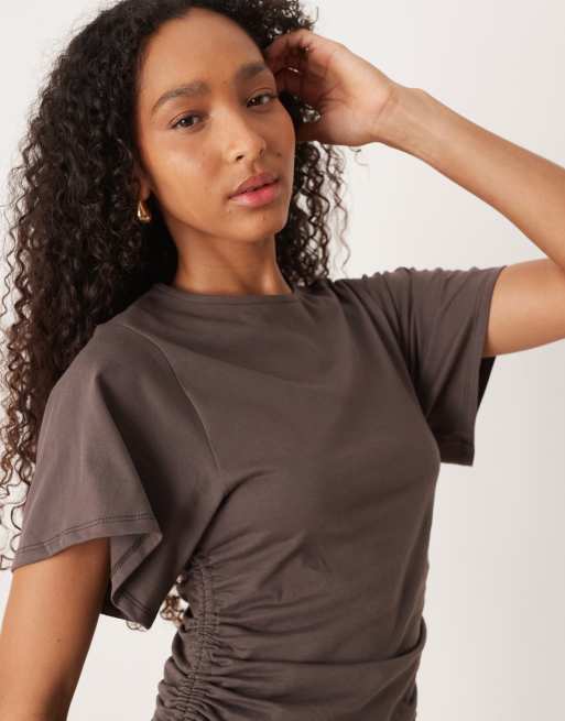 ASOS DESIGN - Chokoladebrun kortærmet T-shirt med rynker og bindebånd i siderne, 4 af 4