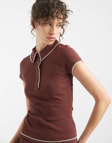 ASOS DESIGN - Chokoladebrun krympet polo med tæppesyninger - view 1