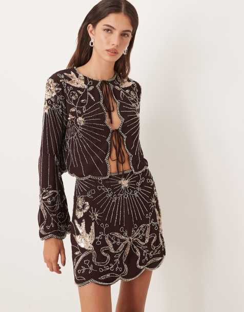 ASOS DESIGN - Chokoladebrun langærmet bluse med sløjfe- og fugleudsmykning - Del af sæt - view 1