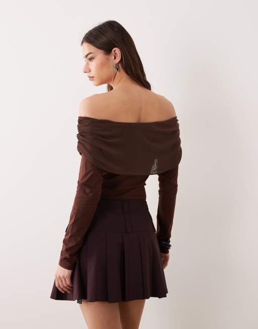 ASOS DESIGN - Chokoladebrun langærmet bodystocking i bomuld med bardot-design i mesh, 4 af 4