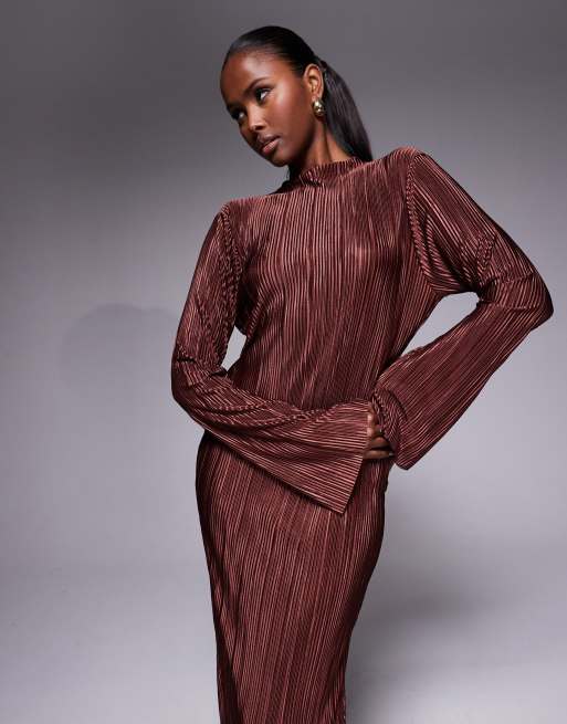 ASOS DESIGN - Chokoladebrun langærmet kjole i plissé med bindebånd på ryggen, 4 af 4
