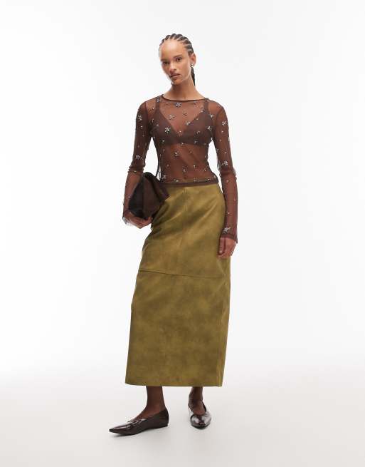 ASOS DESIGN - Chokoladebrun langærmet top i gennemsigtig mesh med udsmykninger, 3 af 4