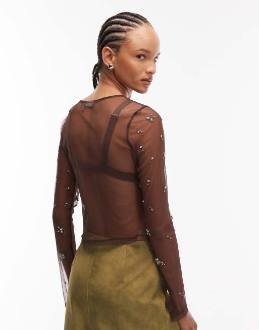 ASOS DESIGN - Chokoladebrun langærmet top i gennemsigtig mesh med udsmykninger, 4 af 4