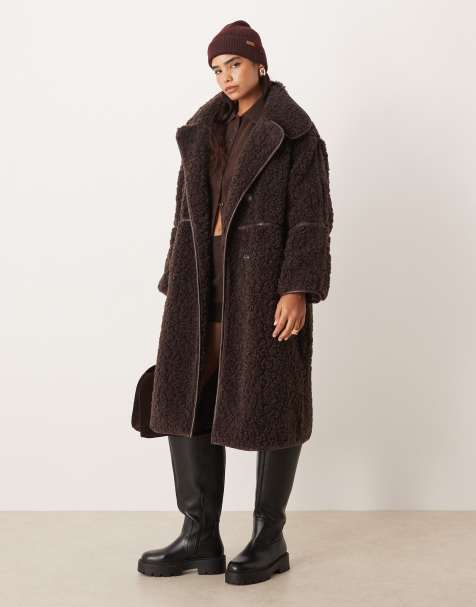ASOS DESIGN - Chokoladebrun longline frakke i imiteret lammeskind - view 1