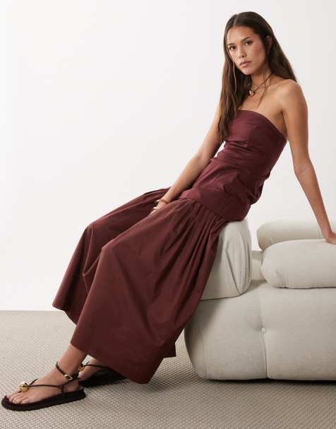ASOS DESIGN - Chokoladebrun maxi-sundress i bomuld og imiteret satin med bandeau-snit, sænket talje, flæsekant og nederdel i poplin - view 1