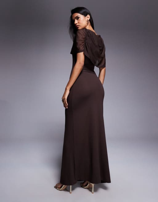 ASOS DESIGN - Chokoladebrun maxikjole i mesh med kappedesign, 4 af 4