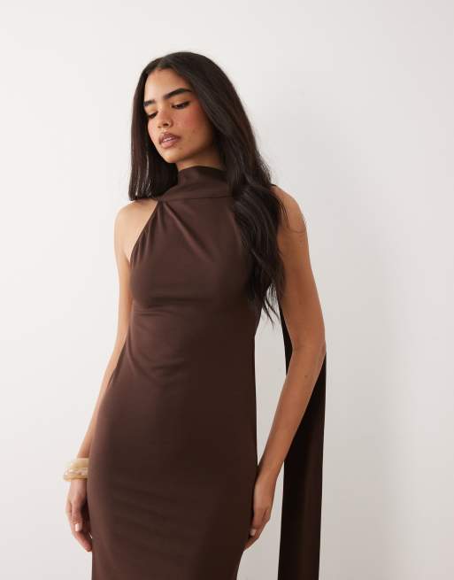 ASOS DESIGN - Chokoladebrun maxikjole med tørklædedetalje og dyb udskæring bagpå, 2 af 4