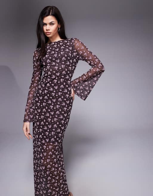 ASOS DESIGN - Chokoladebrun maxikjole med trompetærmer og velouriseret blomstermønster, 2 af 4